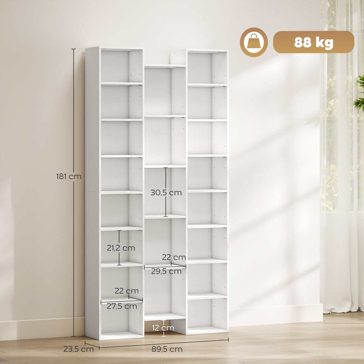 Bibliothèque, étagère à livres, étagère de rangement, 21 compartiments et 10 étagères réglables, 89,5x23,5x181cm, blanc