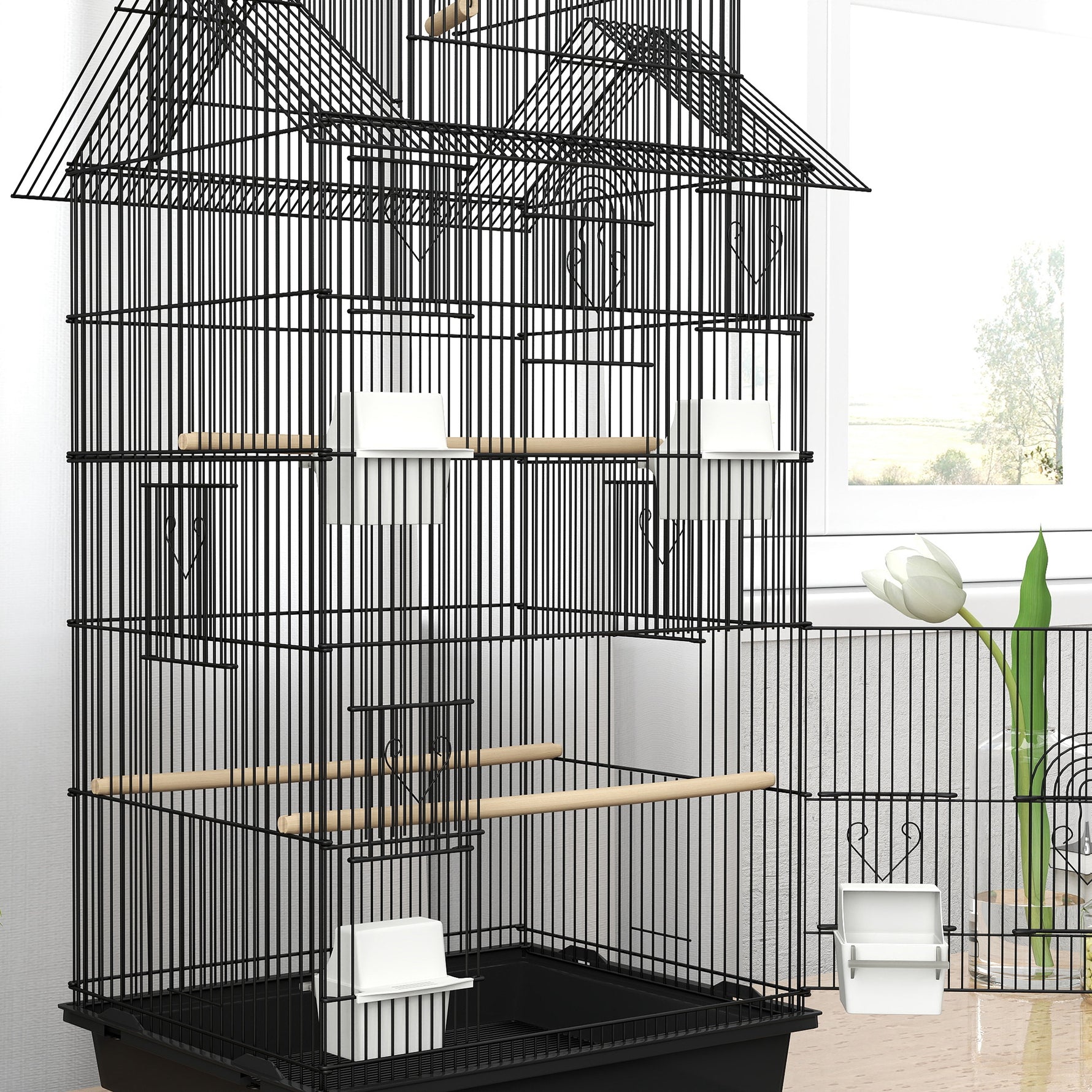Cage à oiseaux sur pied, volière sur roulettes avec balançoire, support, design maison, 50,5 x 41 x 163 cm en acier noir