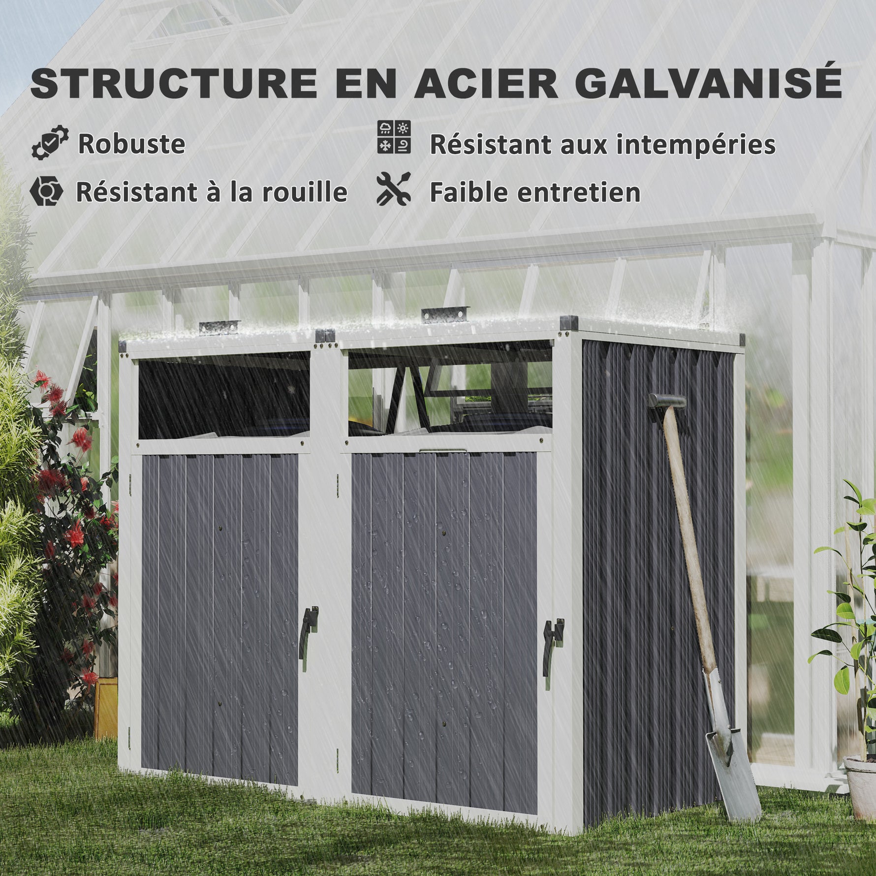 Abri pour 2 poubelles 240L cache poubelle extérieur couvercle relevable 180° acier galvanisé 146x81x122cm gris foncé