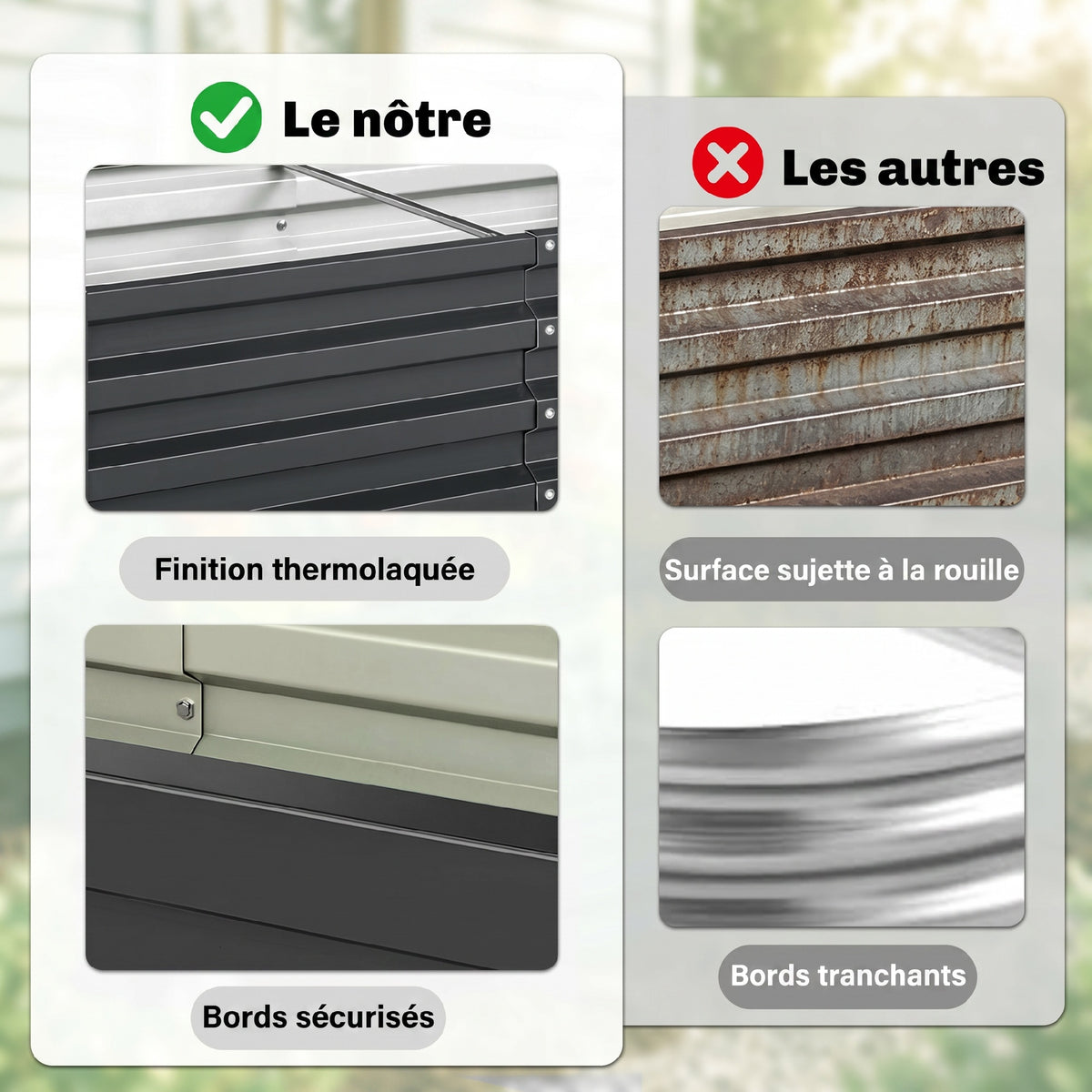Carré potager de jardin rectangulaire tôle d'acier ondulée 120 x 60 x 30,5 cm gris