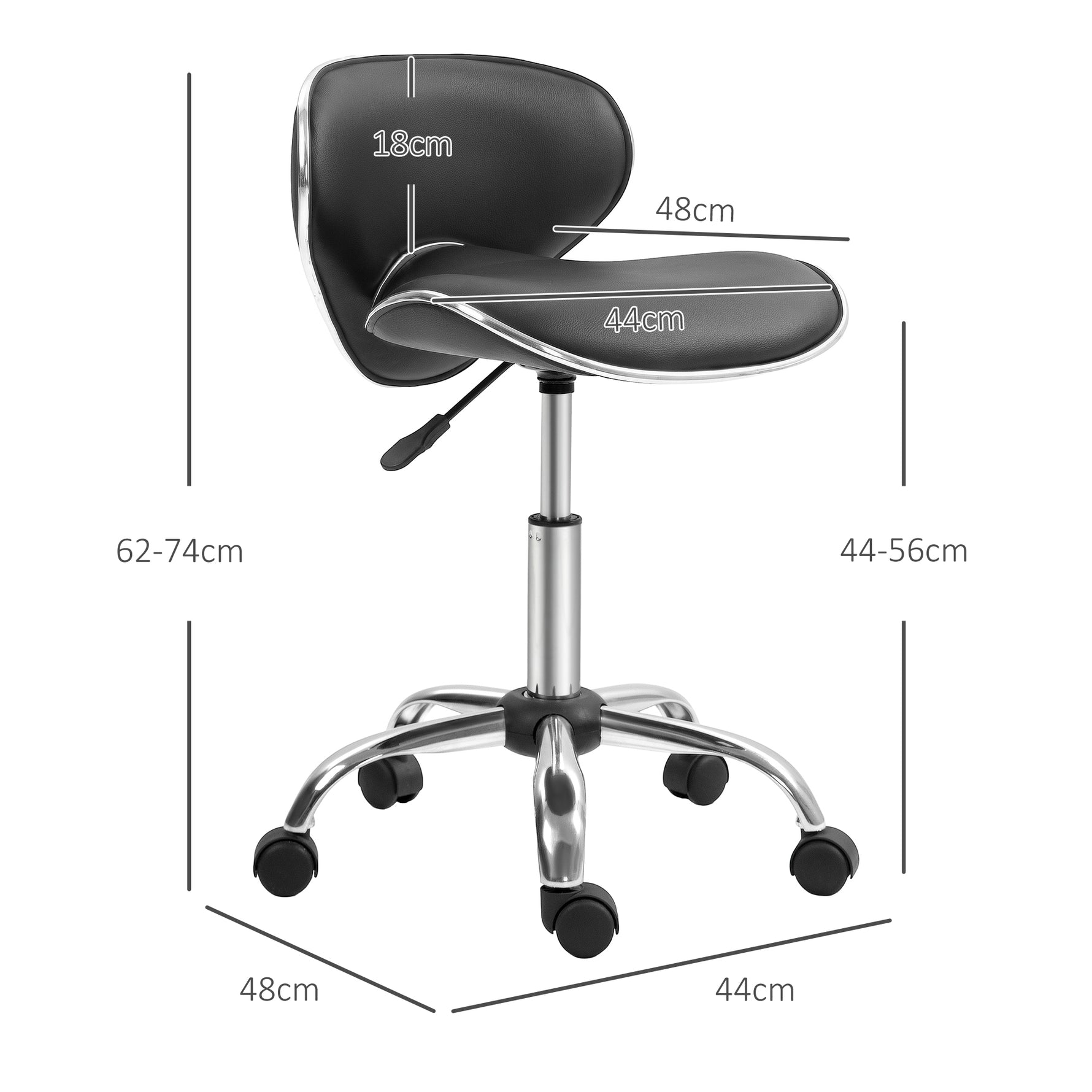 Tabouret à roulettes tabouret de travail avec hauteur réglable 44-56 cm et dossier, pivotant 360°, noir