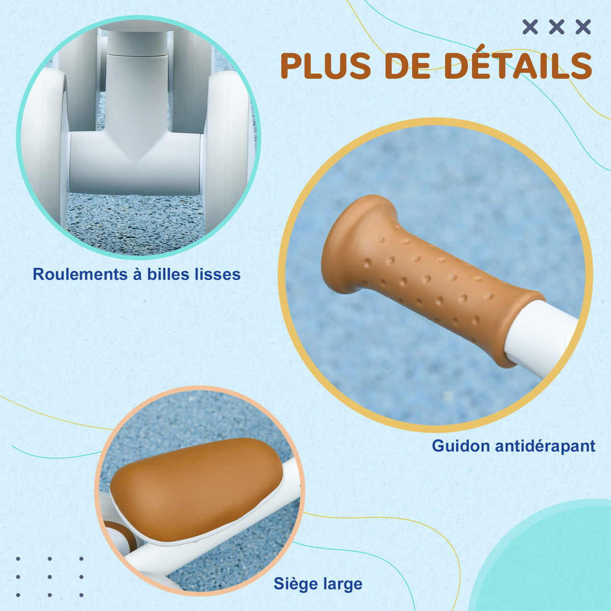 Draisienne vélo Enfant 4 roues selle réglable, guidon ergonomique alliage alu. PP, enfant 1 à 3 ans - Marron Blanc