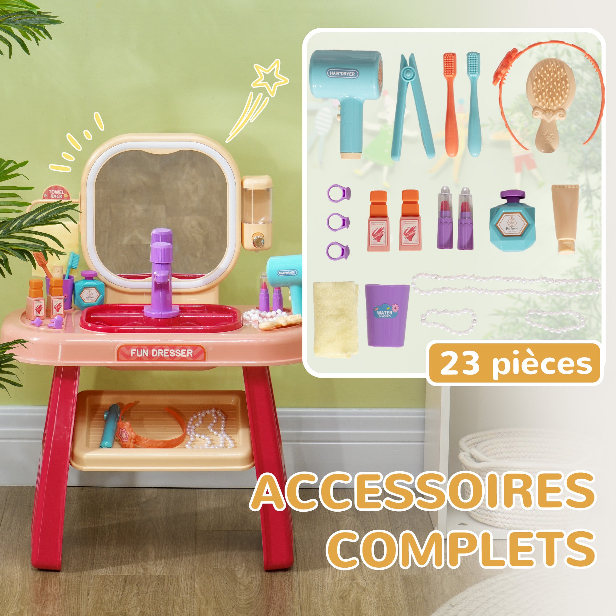 Coiffeuse pour enfants 23 PCS, table de maquillage avec miroir, lumière LED et musique, pour enfants de 3 à 6 ans, rose