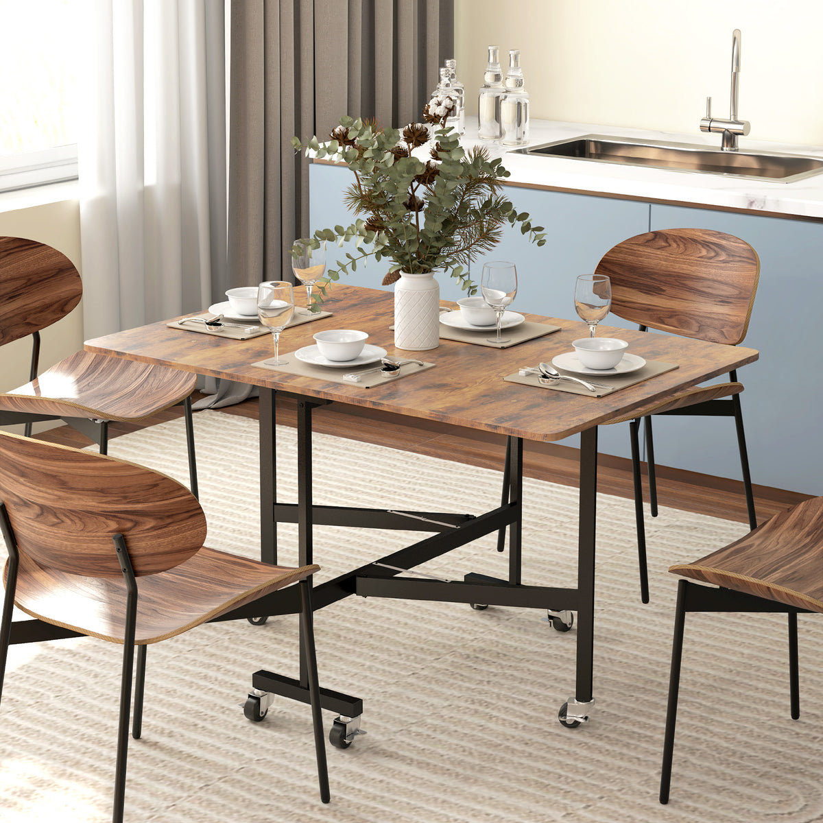 Folding kitchen table, foldable dining table with 2 drop leaves and 6 wheels for 4-6 people, 120 x 80 x 73 cm, rustic brown