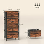 Commode 4 tiroirs en tissu, meuble de rangement avec 4 poches, 2 crochets, structure en acier, 45 x 30 x 94,5 cm, marron
