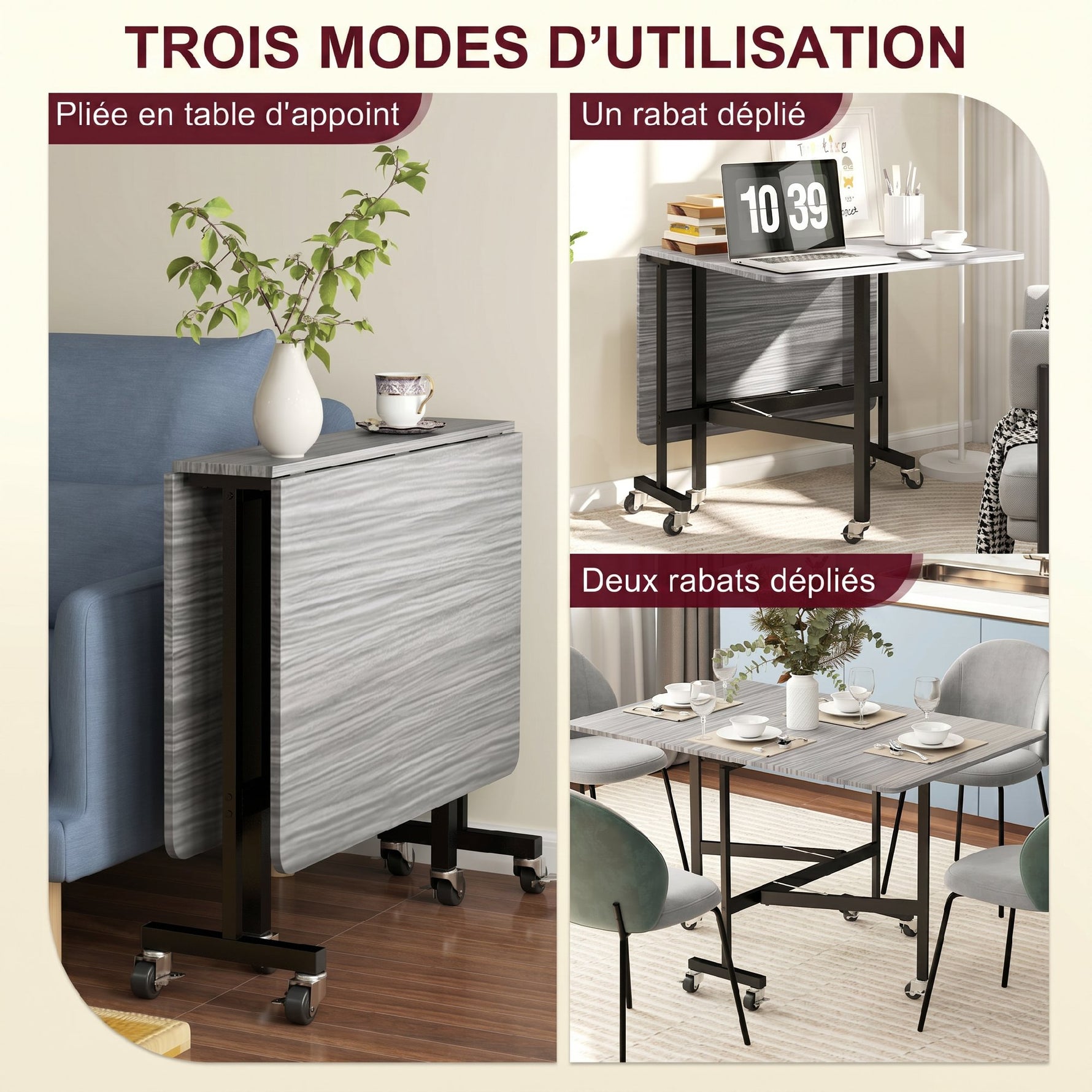 Table à Manger Pliante sur Roulettes pour 4-6 Personnes 120 cm, Roues avec Freins, 2 Abattants, Style Industriel, Gris