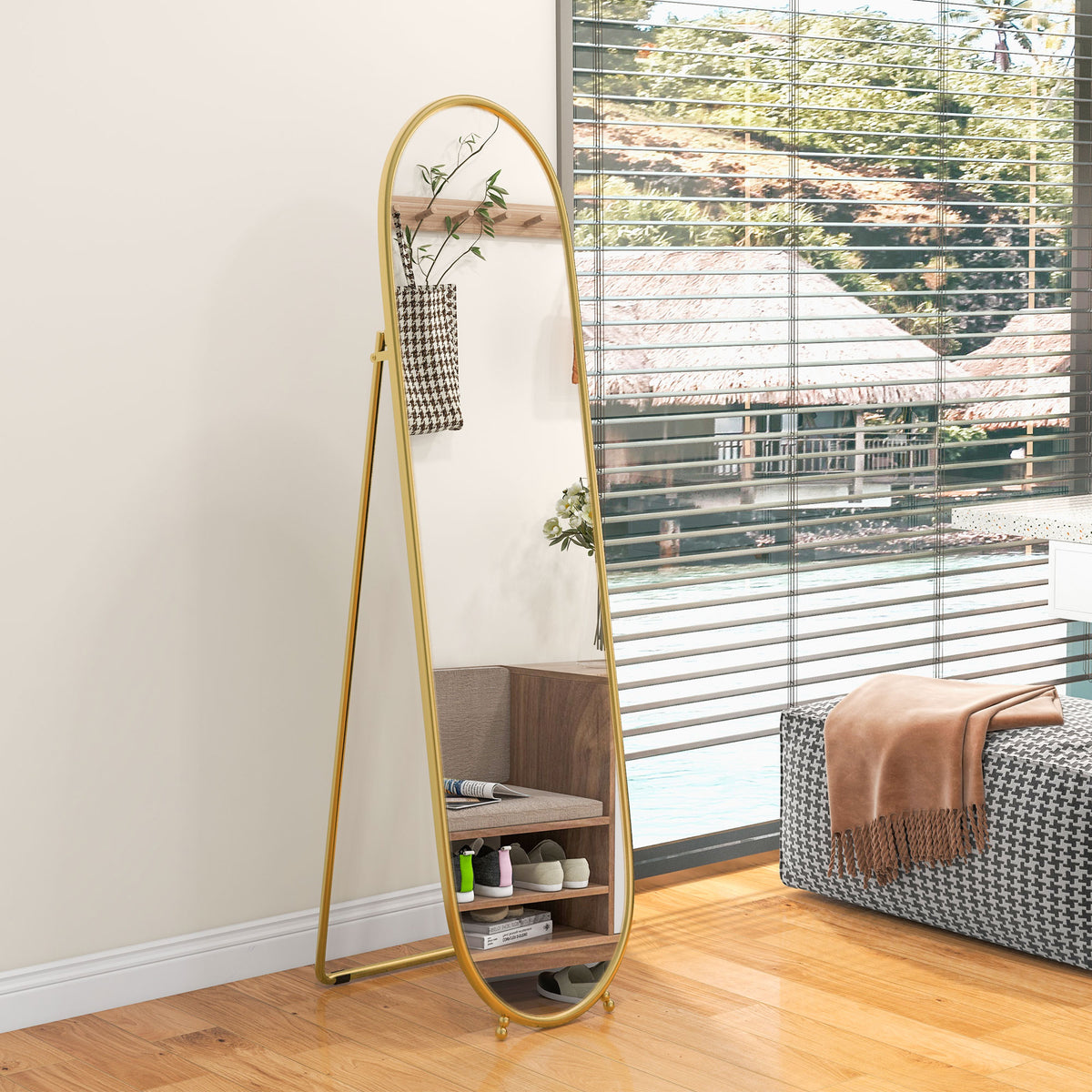 Grand miroir sur pied, miroir ovale, cadre en métal doré, avec support pour entrée, chambre, dressing, 40 x 160 cm
