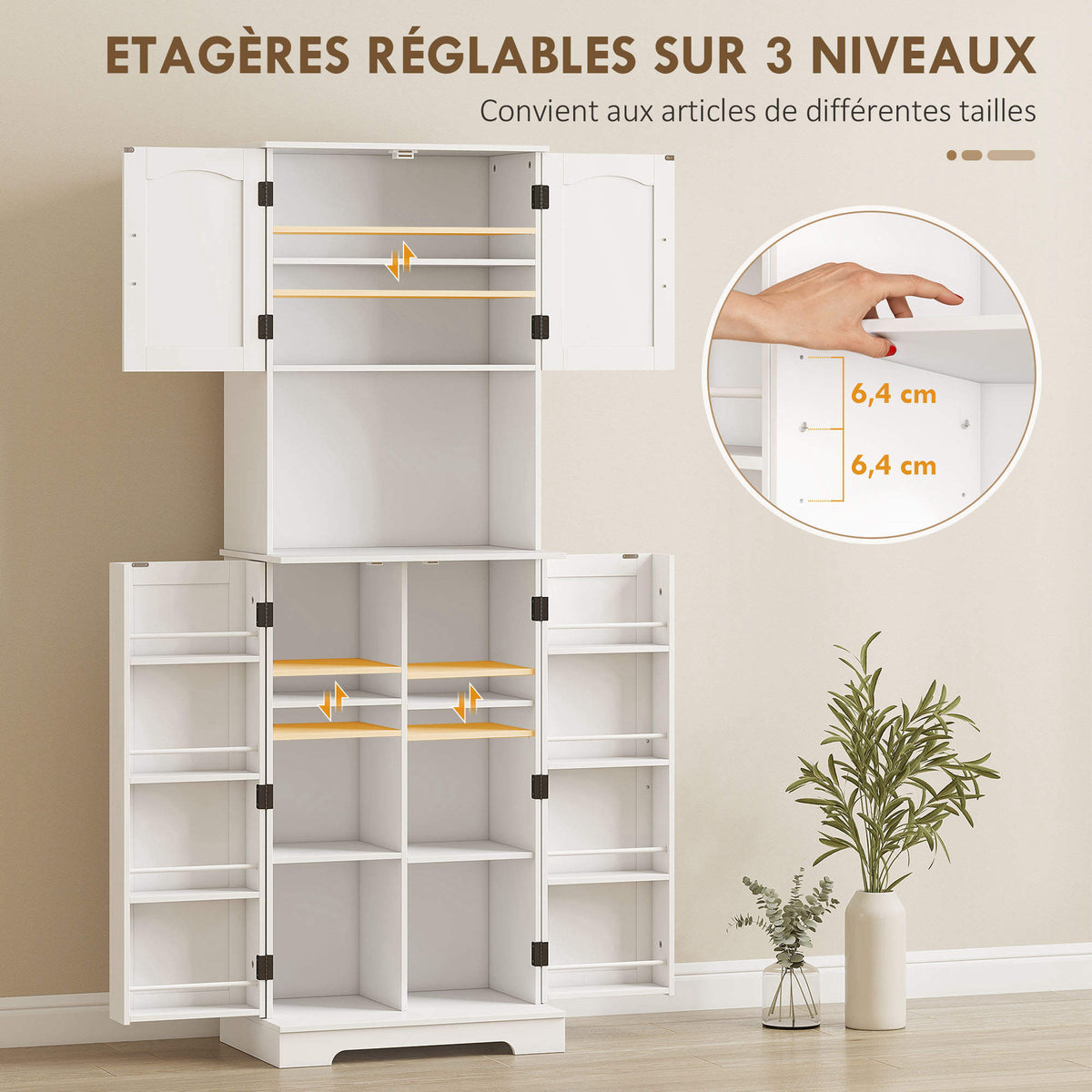 Buffet haut cuisine armoire de cuisine, 4 portes plan de travail 8 porte-épices étagères réglables 60x40x181,5cm blanc