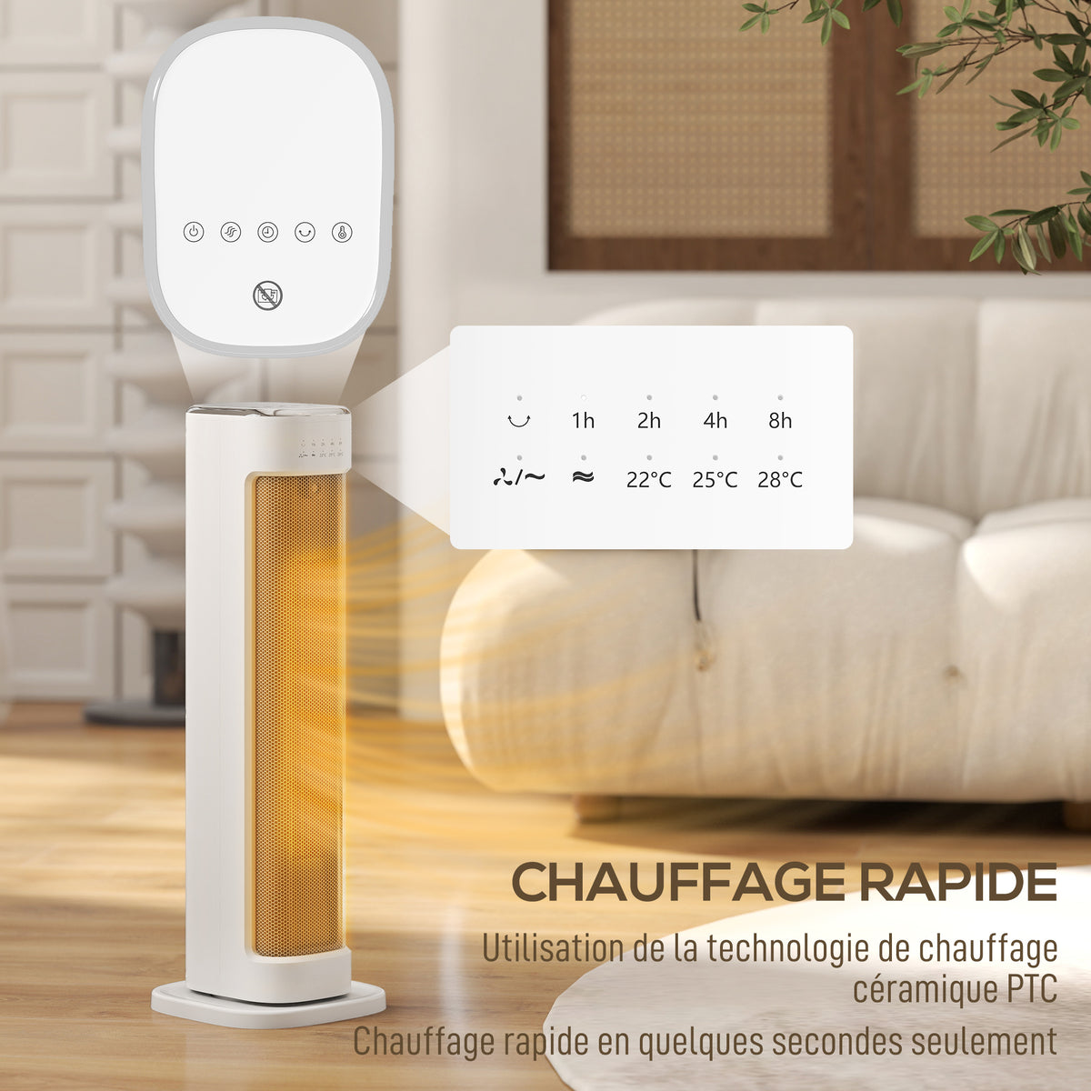 Chauffage d'appoint céramique PTC, radiateur électrique 2000 W avec thermostat réglable, minuterie, 21x19,7x61cm, blanc