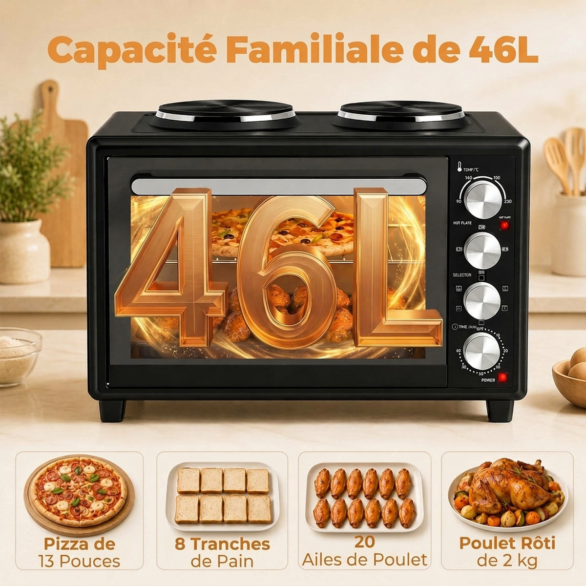 Minihorno con 2 placas de cocción y rustidor 46L 2850 W, horno de convección multifunción, temporizador, negro