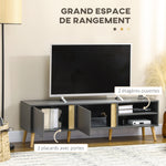 Mueble de TV escandinavo para televisores de hasta 55 pulgadas, 2 puertas, 2 nichos con pasacables, 150 x 35 x 45 cm, gris oscuro
