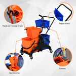 Chariot de ménage chariot de lavage professionnel essoreuse latérale seau 26 L + panier de rangements 78 x 45 x 95 cm métal et plastique orange