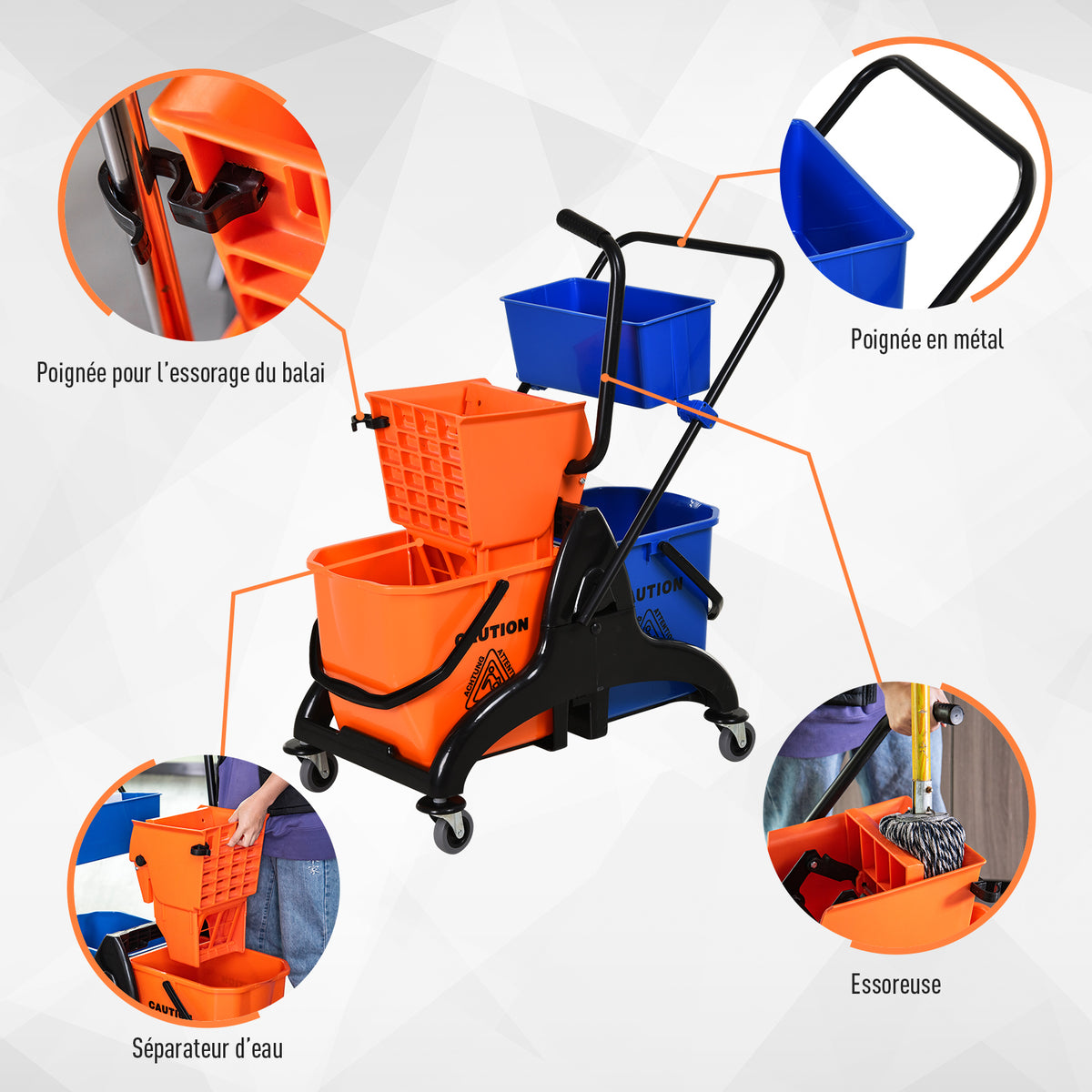 Chariot de ménage chariot de lavage professionnel essoreuse latérale seau 26 L + panier de rangements 78 x 45 x 95 cm métal et plastique orange
