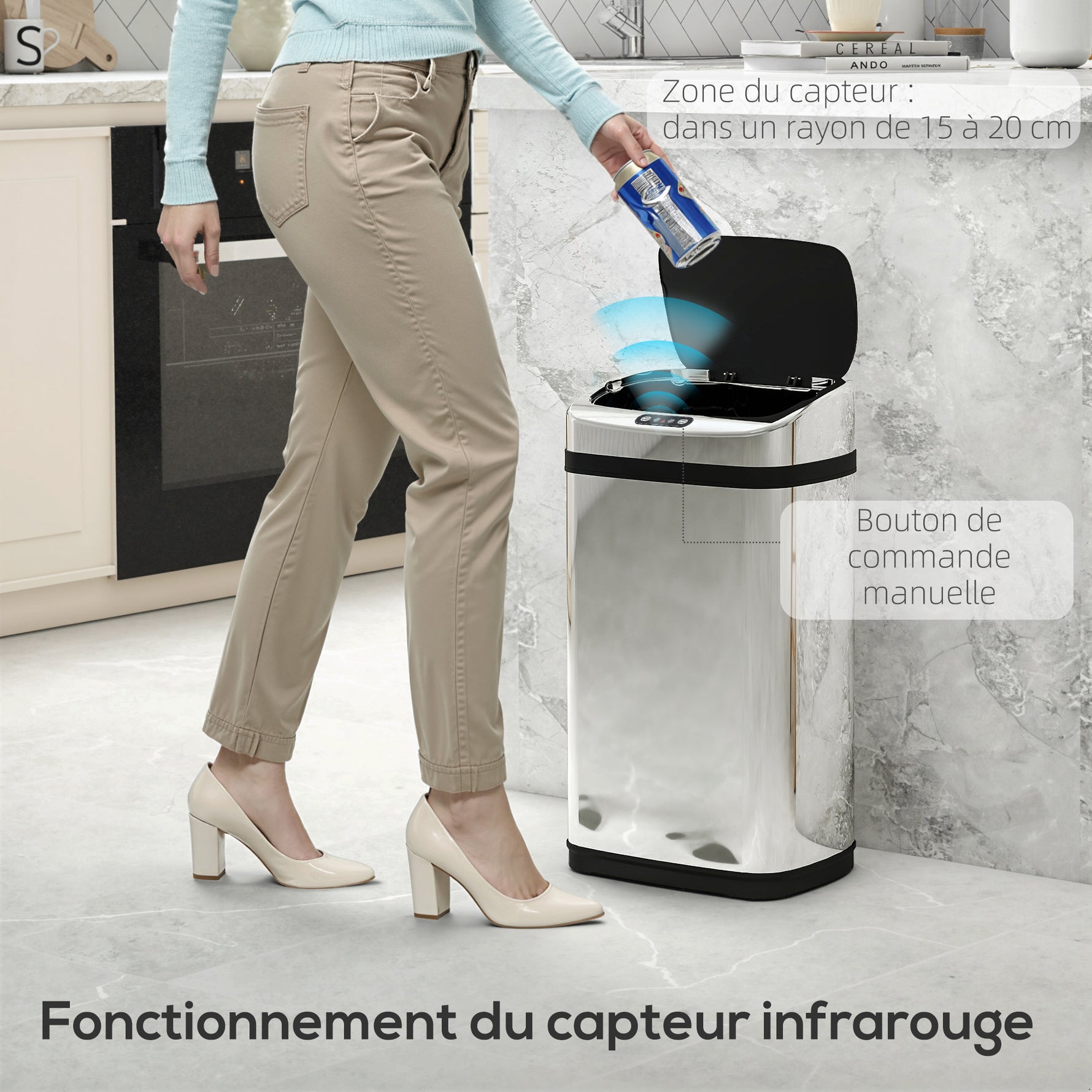 Poubelle de cuisine automatique 30L acier inoxydable, poubelle à capteur de mouvement avec couvercle, 33x25x58cm, argent