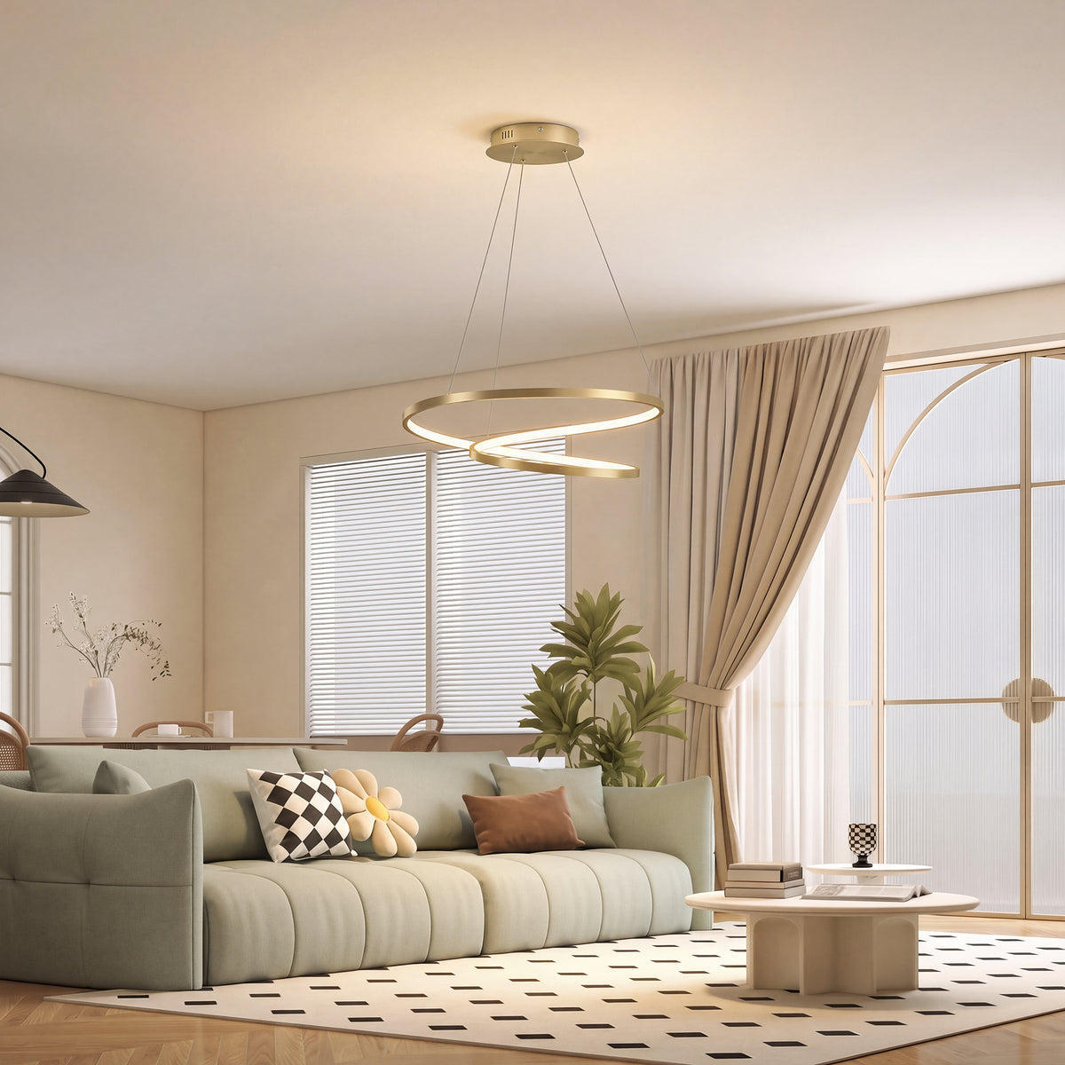 Suspension Luminaire avec 2 Anneaux, Lustre Suspendu LED à 3 Températures de Couleur, Hauteur Réglable, Doré
