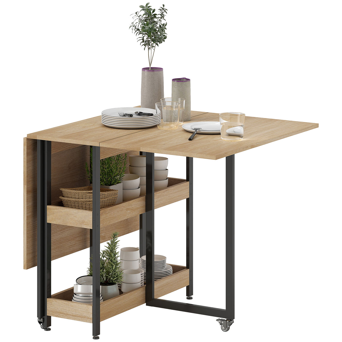 Table à manger pliante sur roulettes 4 personnes avec compartiments ouverts, pour petits espaces, salle à manger, chêne