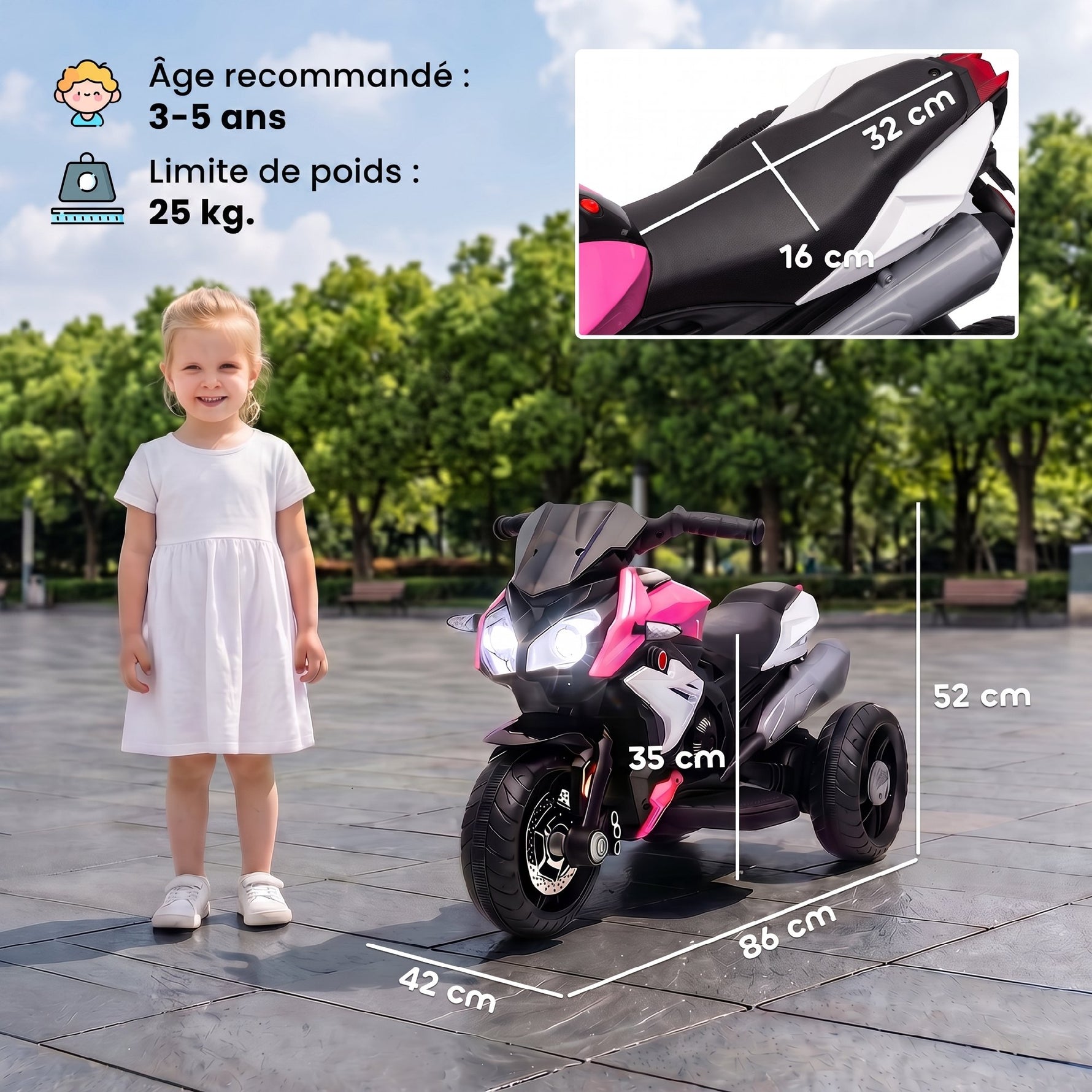 Moto électrique enfants 3 roues 6 V, voiture électrique enfants 3 à 5 ans, effets lumineux et sonores, 86x42x52cm, rose