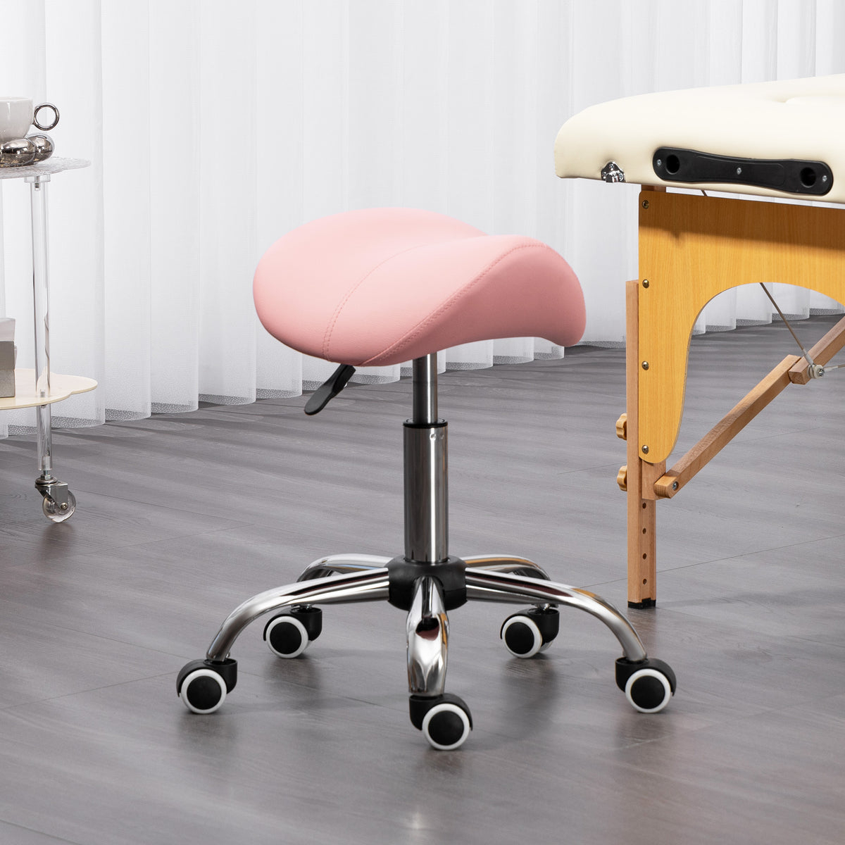 Tabouret à roulettes, chaise de travail avec hauteur réglable 49-61 cm et selle ergonomique, 52x53x49-61cm, rose