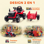 Tracteur électrique enfants avec remorque amovible, voiture électrique enfants, télécommande 2,4G, 139x58x55cm, rouge