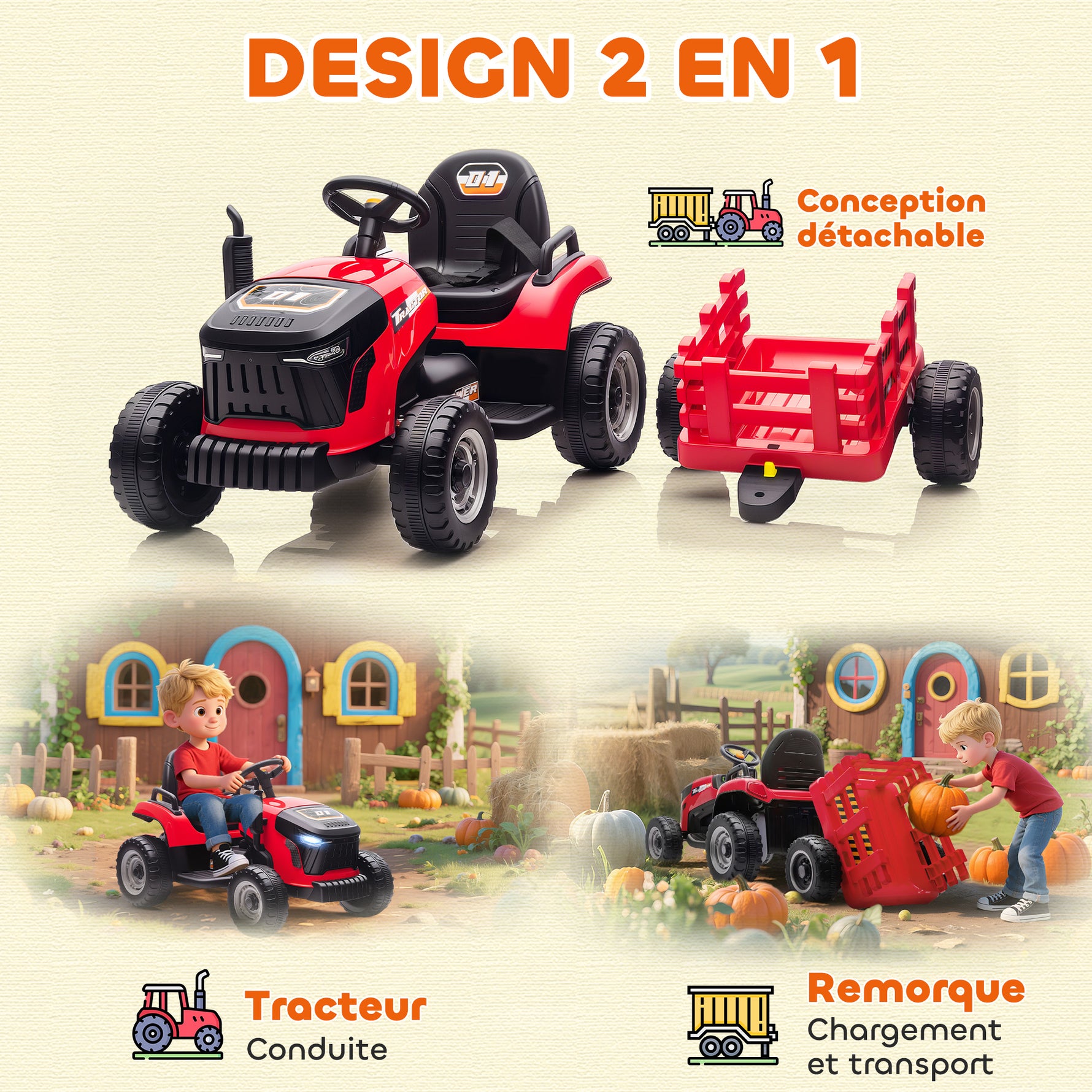Tracteur électrique enfants avec remorque amovible, voiture électrique enfants, télécommande 2,4G, 139x58x55cm, rouge