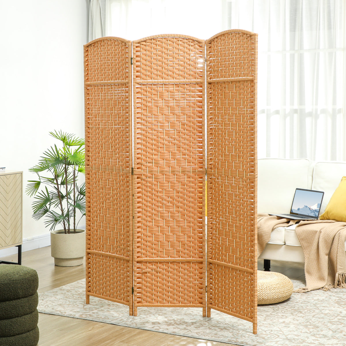 Paravent intérieur en bois 3 panneaux séparateur de pièce pliable pour salon chambre 135 x 180 cm brun clair