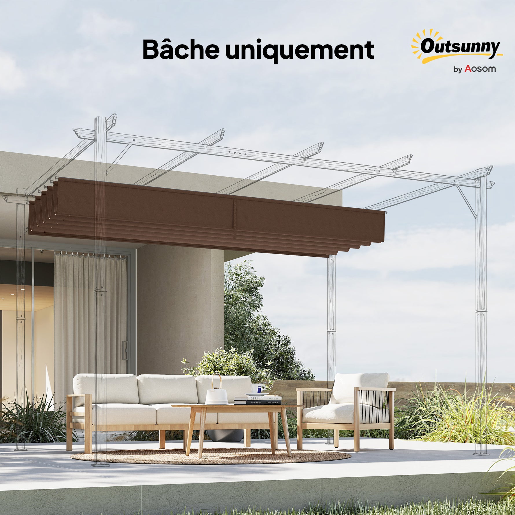 Toile de toit pour pergola tonnelle rétractable de 3 x 3 m - toile uniquement 250 x 255 cm café