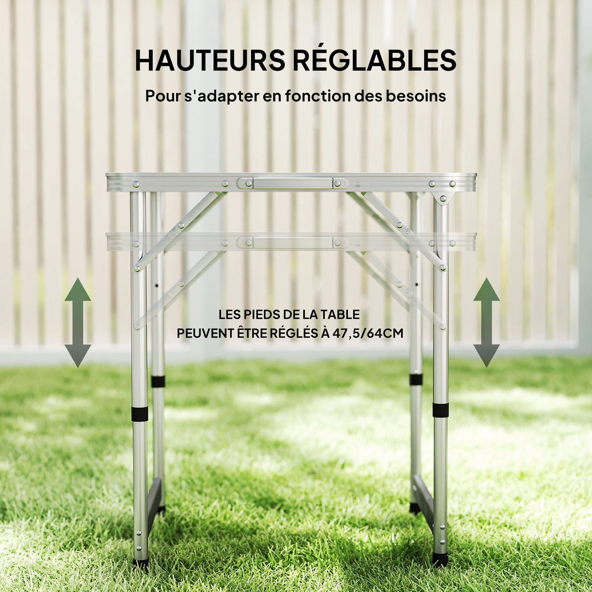 Table Pliante Table de Camping Table de Jardin Hauteur réglable Aluminium MDF Blanc