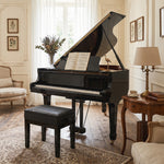 Banquette tabouret siège pour piano coffre intégré hauteur réglable bois hévéa assise revêtement synthétique noir