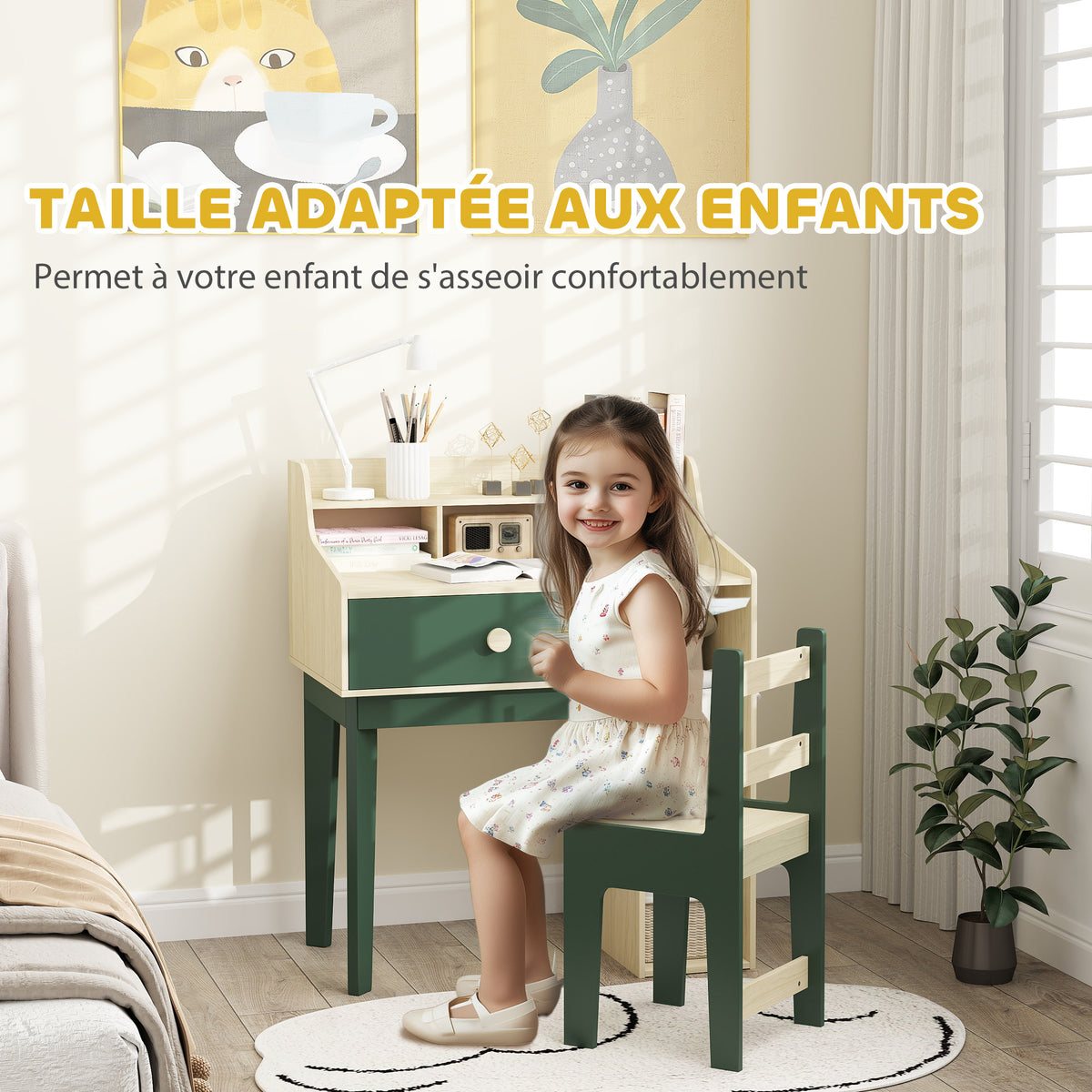 Ensemble bureau et chaise pour enfant avec étagères de rangement et tiroir, mobilier pour enfants de 3 à 10 ans, vert