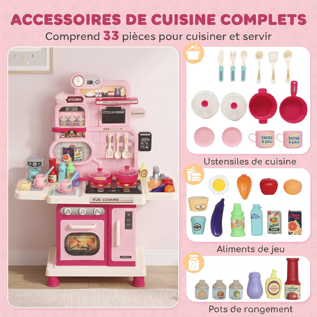 Cuisine pour Enfants Interactive, 33 Accessoires, avec Sons, Lumières, Rangement, 3-6 Ans, 67x25x87cm, Rose