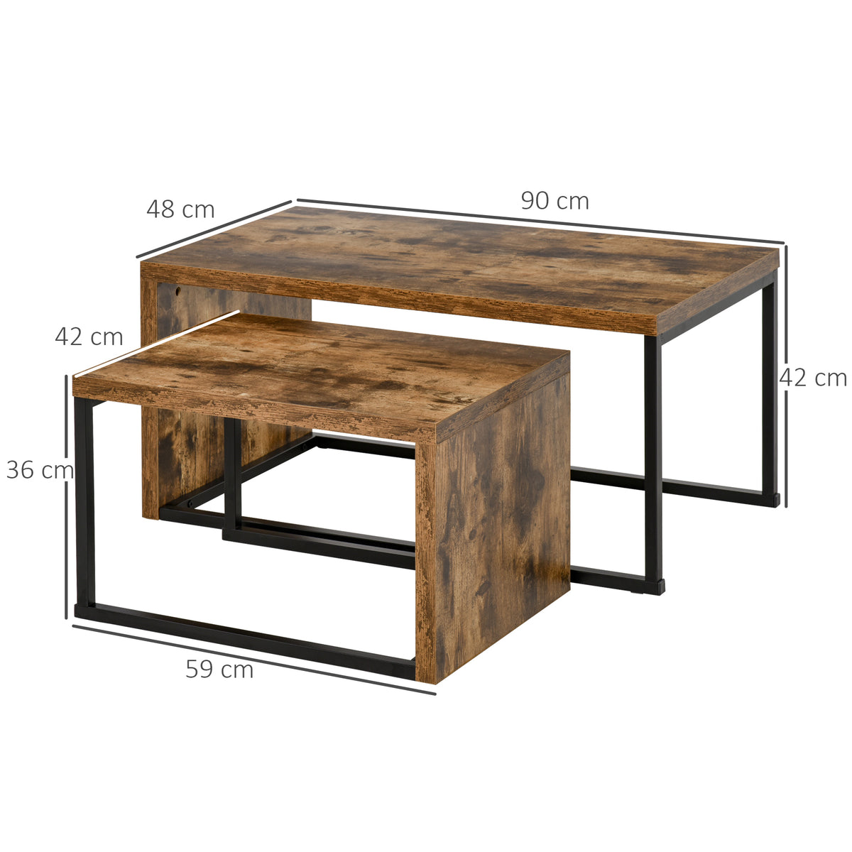 Lot de 2 Tables Basses gigognes Design Industriel encastrable dim. Grande Table 90L x 48l x 42H cm métal Noir Aspect Vieux Bois