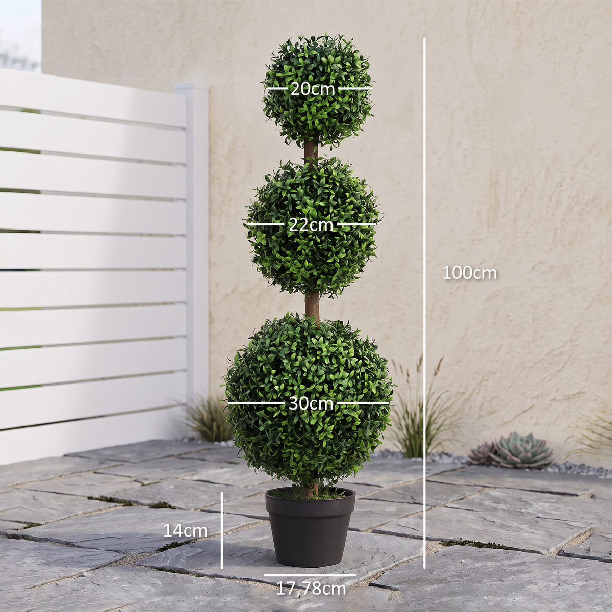 2er-Set künstliche Buchsbaum-Topiary-Bäume, 101,6 cm, 3 Kugeln, künstliche Pflanze aus PE, grün, mit Topf für innen und außen
