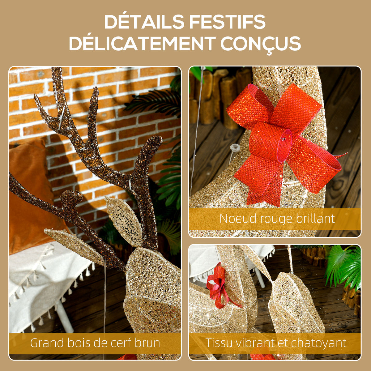 3 cerfs lumineux Noël, en forme de famille de cerfs, rennes lumineux Noël, en acier, 283 LED blanc chaud, or