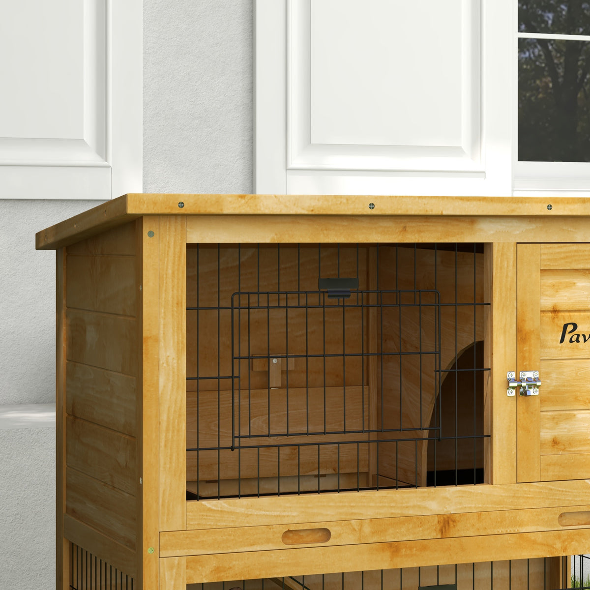 Clapier à lapin en bois 2 étages avec 3 portes plateau coulissant rampe toit bitumé 85 x 50 x 80 cm jaune