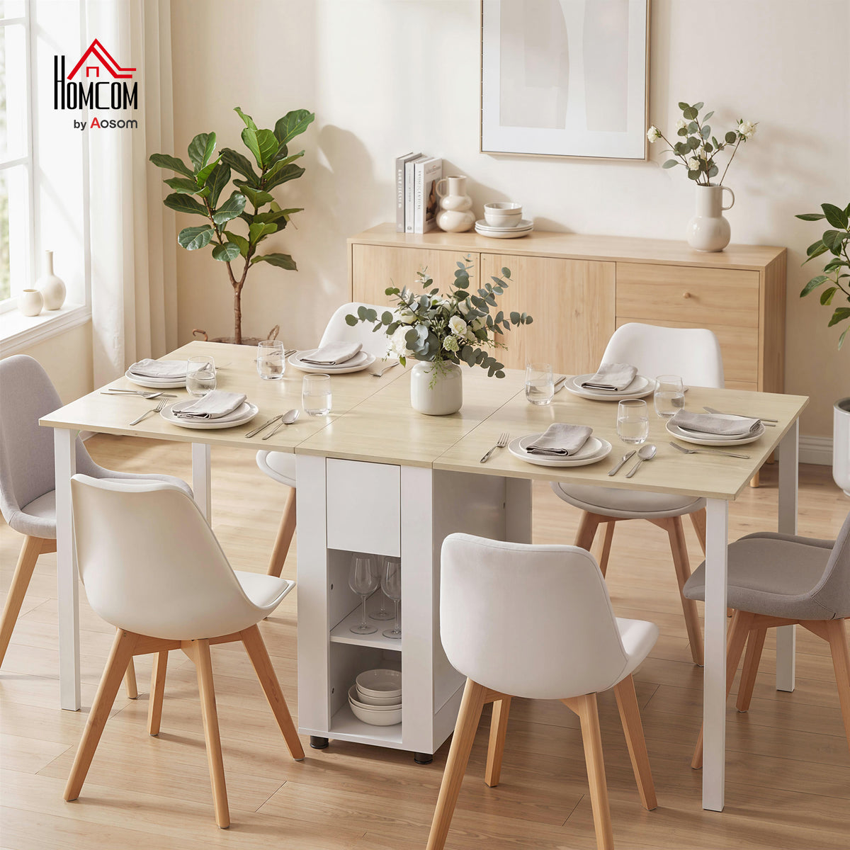 Table à manger pliante pour 6 personnes 39-168 cm, table de cuisine avec 2 tiroirs et 4 étagères ouvertes, blanc