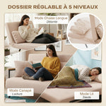 Canapé convertible 2 places avec dossier réglable à 5 niveaux et 2 coussins rembourrés, revêtement effet velours, beige