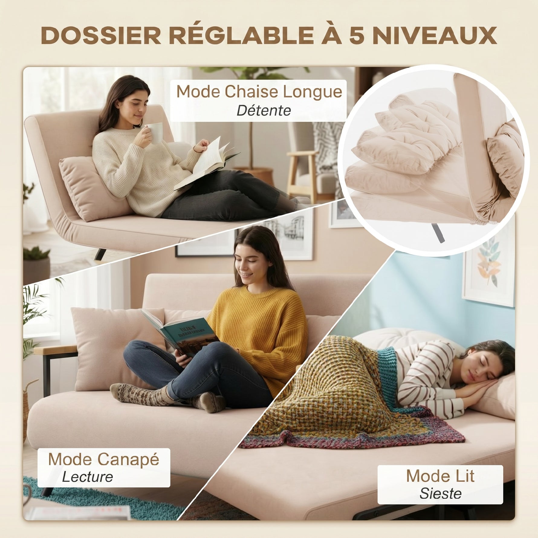 Canapé convertible 2 places avec dossier réglable à 5 niveaux et 2 coussins rembourrés, revêtement effet velours, beige