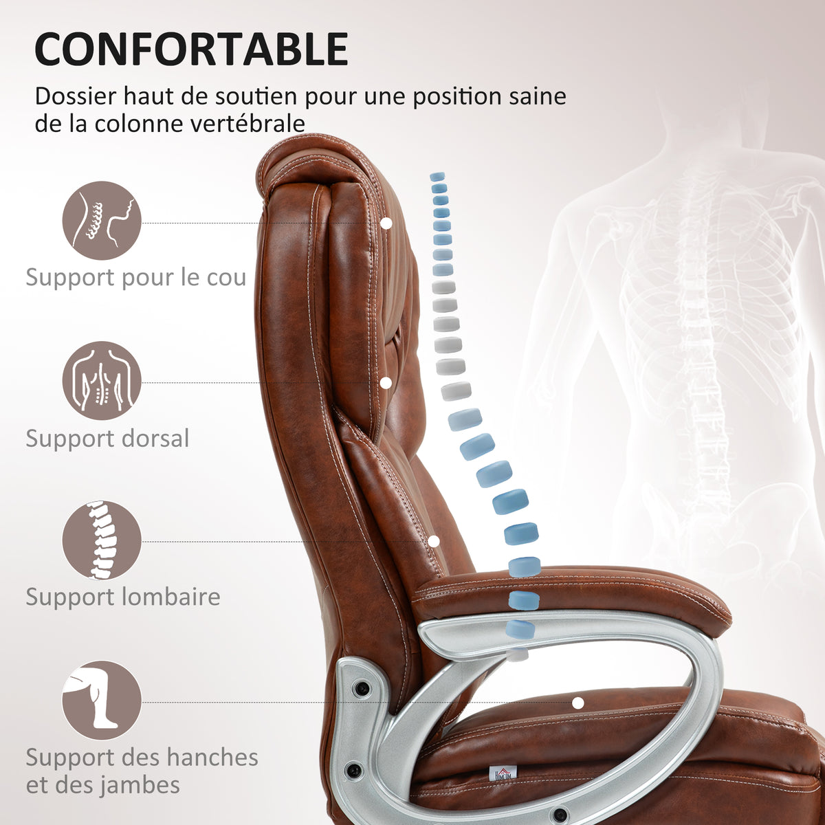 Chaise de bureau fauteuil de bureau avec fonction bascule roulettes pivotantes 360° 66 x 75,5 x 115,5-124,5 cm marron