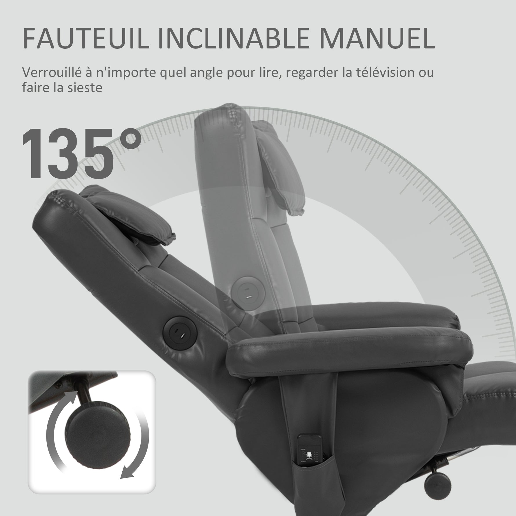 Fauteuil massant avec repose-pied, dossier inclinable jusqu'à 135°, coffre de rangement, télécommande