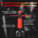Sac de frappe sur pieds punching ball brunier 3 en 1 avec ballon de vitesse bras flexible rotatif hauteur réglable revêtement synthétique base HDPE dim. 88L x 48l x 155-205H cm noir rouge