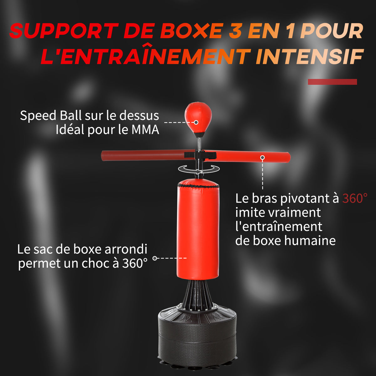 Sac de frappe sur pieds punching ball brunier 3 en 1 avec ballon de vitesse bras flexible rotatif hauteur réglable revêtement synthétique base HDPE dim. 88L x 48l x 155-205H cm noir rouge