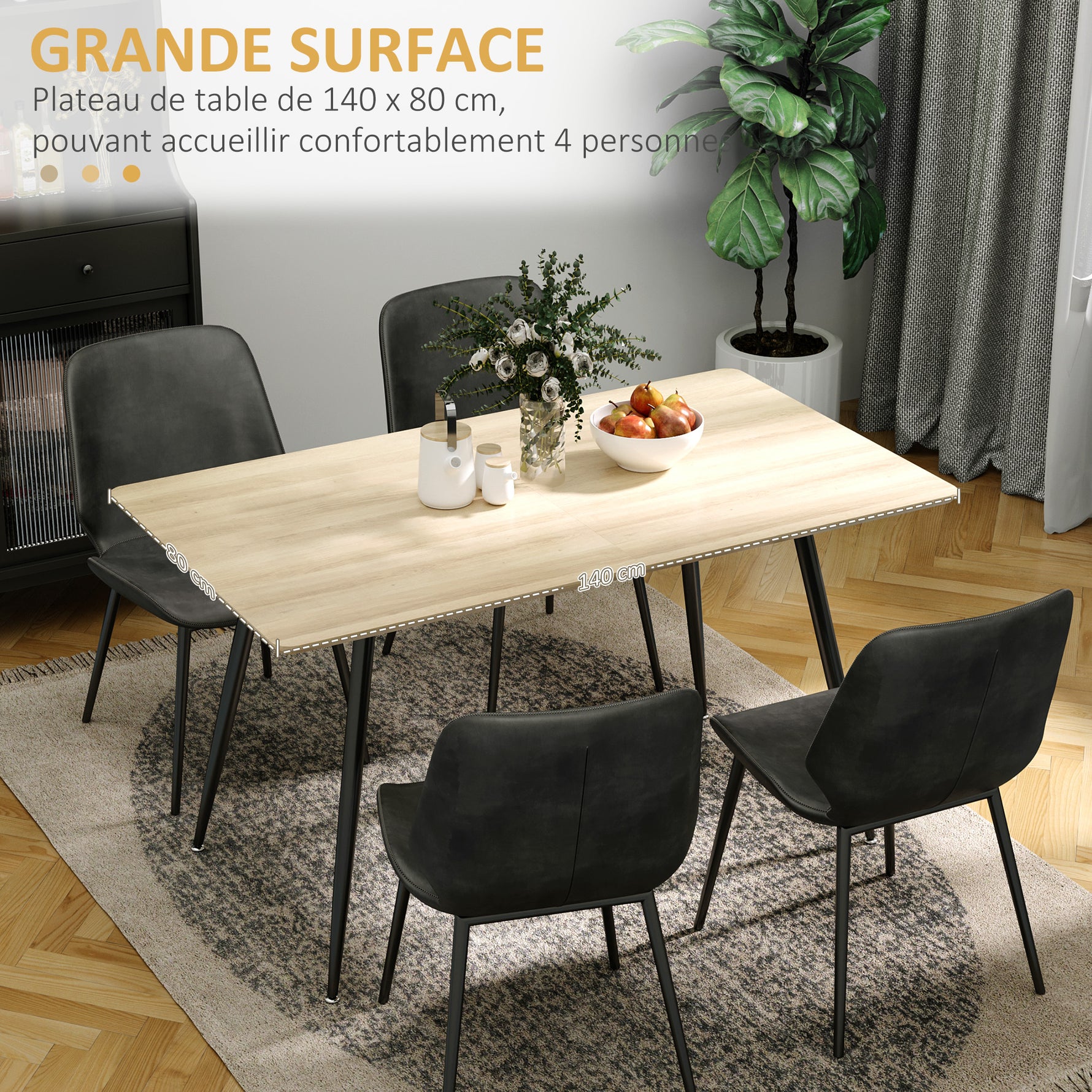 Table à manger 4 personnes rectangulaire avec plateau effet bois et 4 pieds en acier 140 x 80 x 76 cm noir