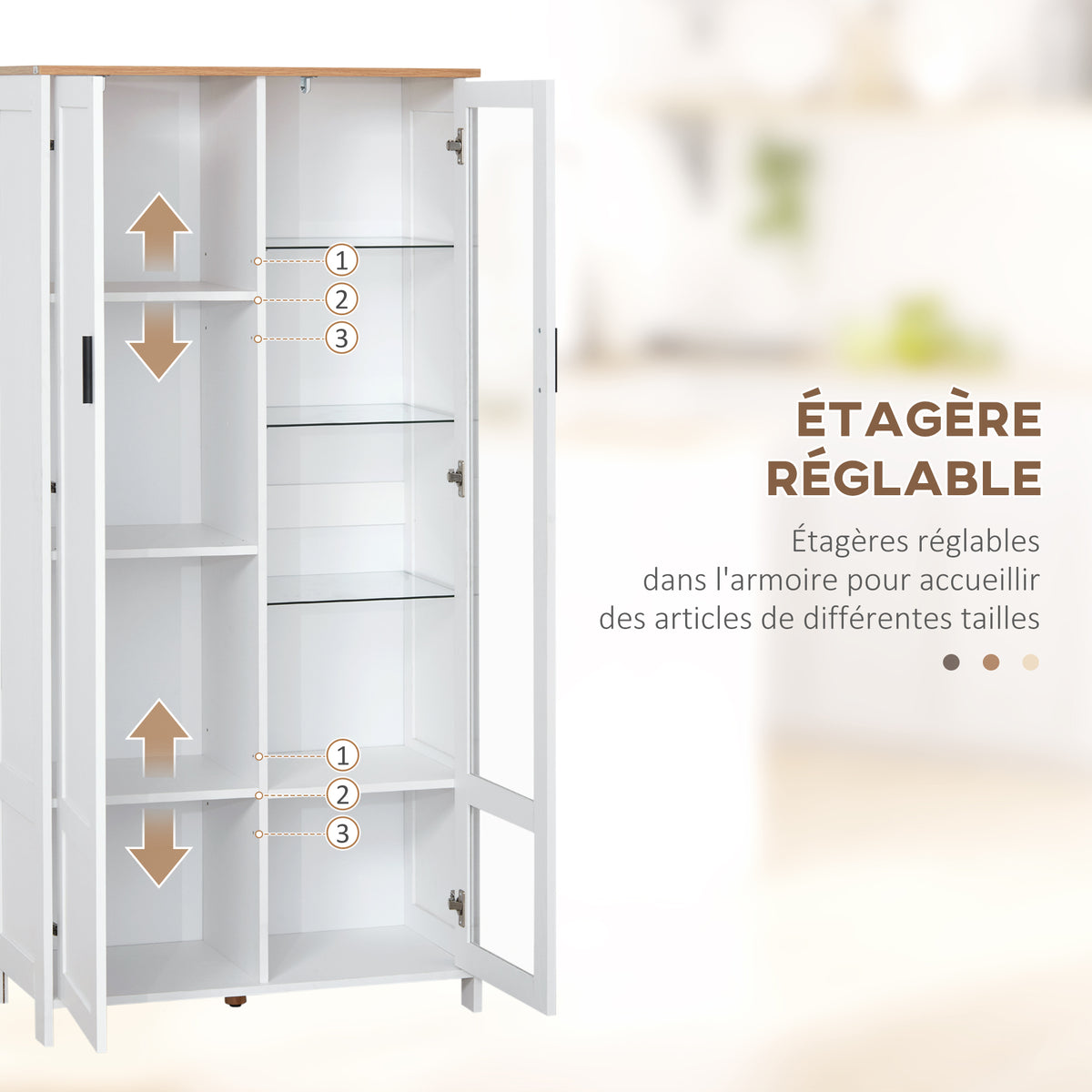 Buffet de cuisine armoire de cuisine meuble vitrine 7 étagères dont 3 étagères en verre 76 x 36 x 160 cm blanc