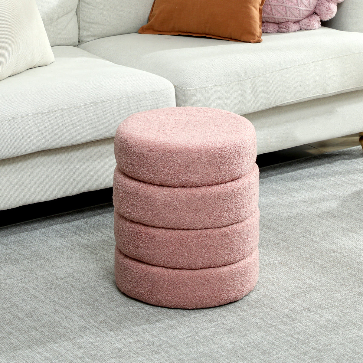 Poggiapiedi da salotto, sgabello ottomano rotondo imbottito in tessuto Teddy, per camera da letto, ingresso, Ø 40 x 45 cm, rosa