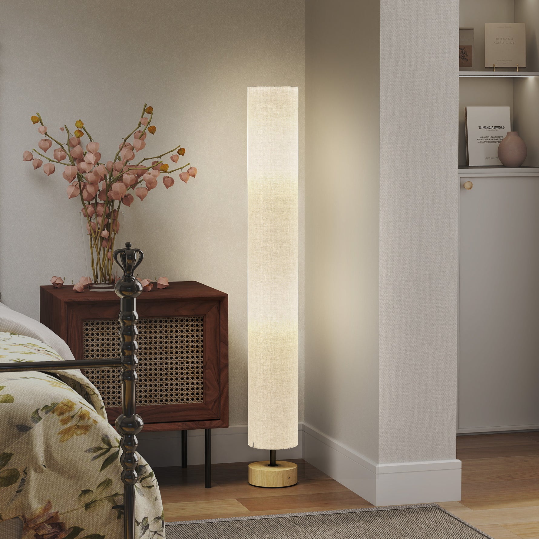 Lampadaire sur pied de salon avec abat-jour en lin, interrupteur à pied, 2 x douille E27, 120 cm, gris