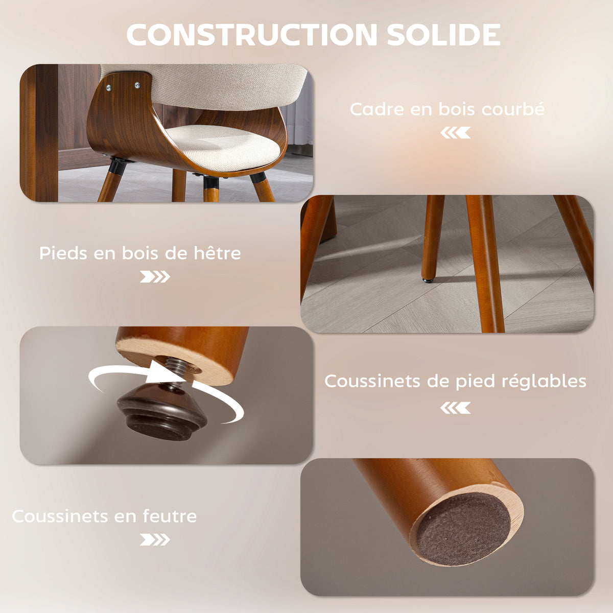 Lot de 2 chaises de salle à manger, chaises de cuisine rembourrées avec dossier incurvé et pieds en bois massif, beige