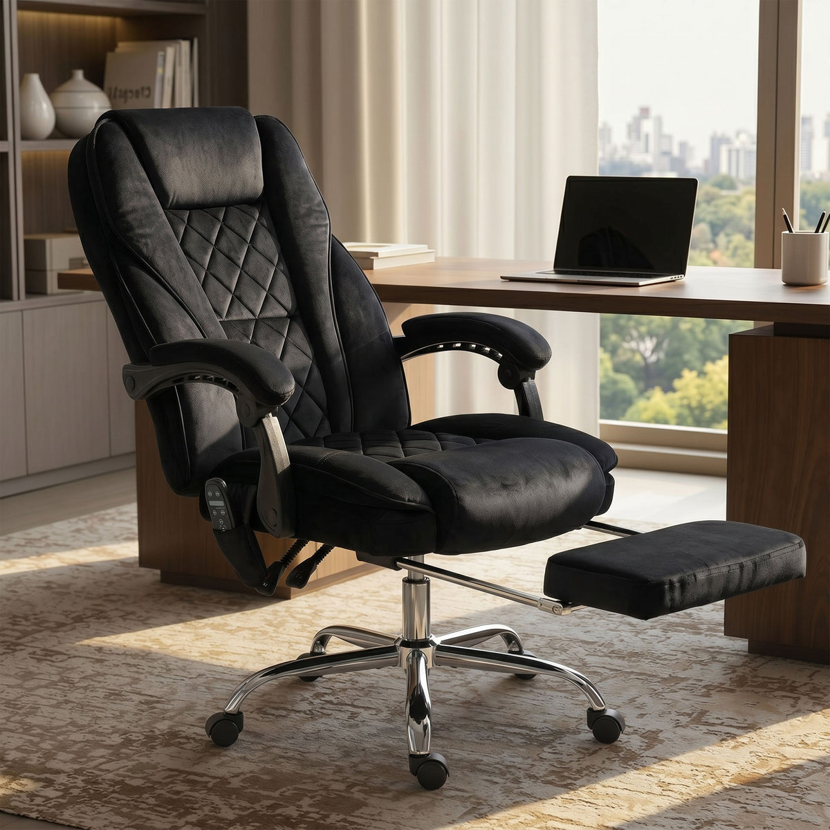 Massage and heating office chair, adjustable height, reclining backrest, remote control, retractable footrest, black