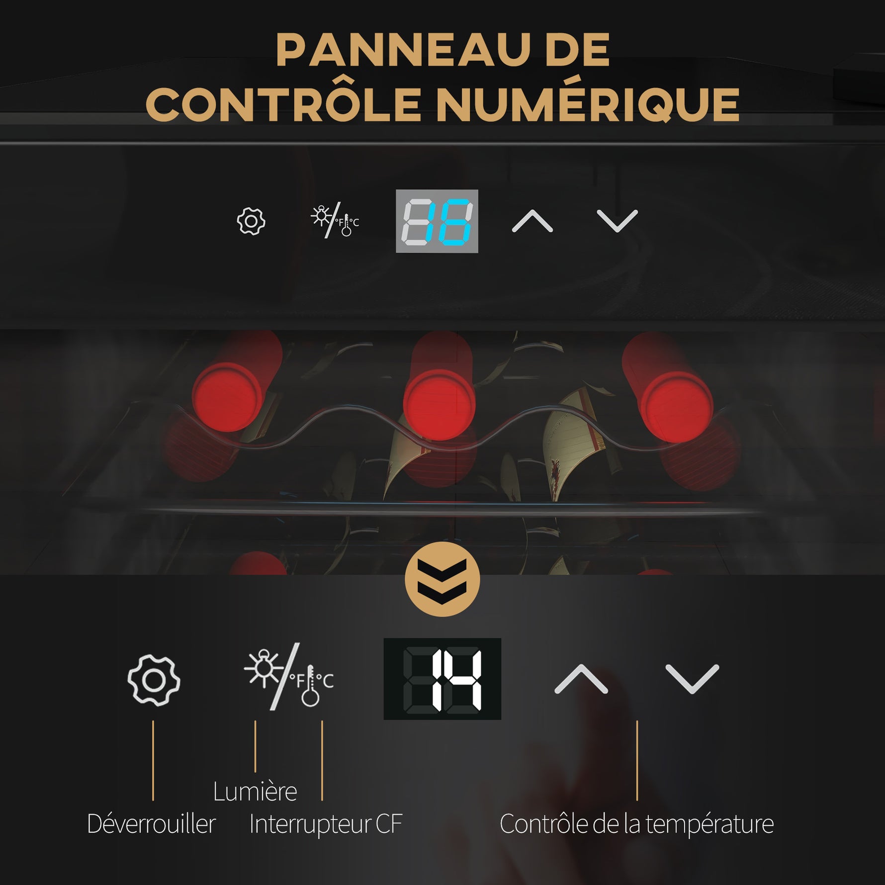 Cave à vin 18 bouteilles 50L haute performance température réglable 5-18° avec lumière LED, noir