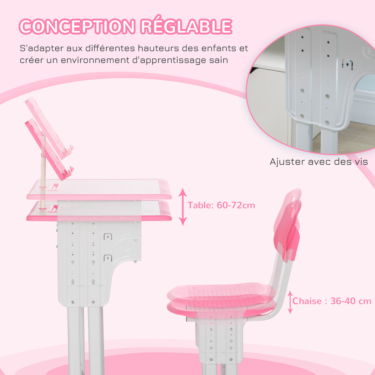 Bureau et chaise pour enfant avec support de lecture casier crochet et porte stylo 60 x 45x 90-102 cm rose