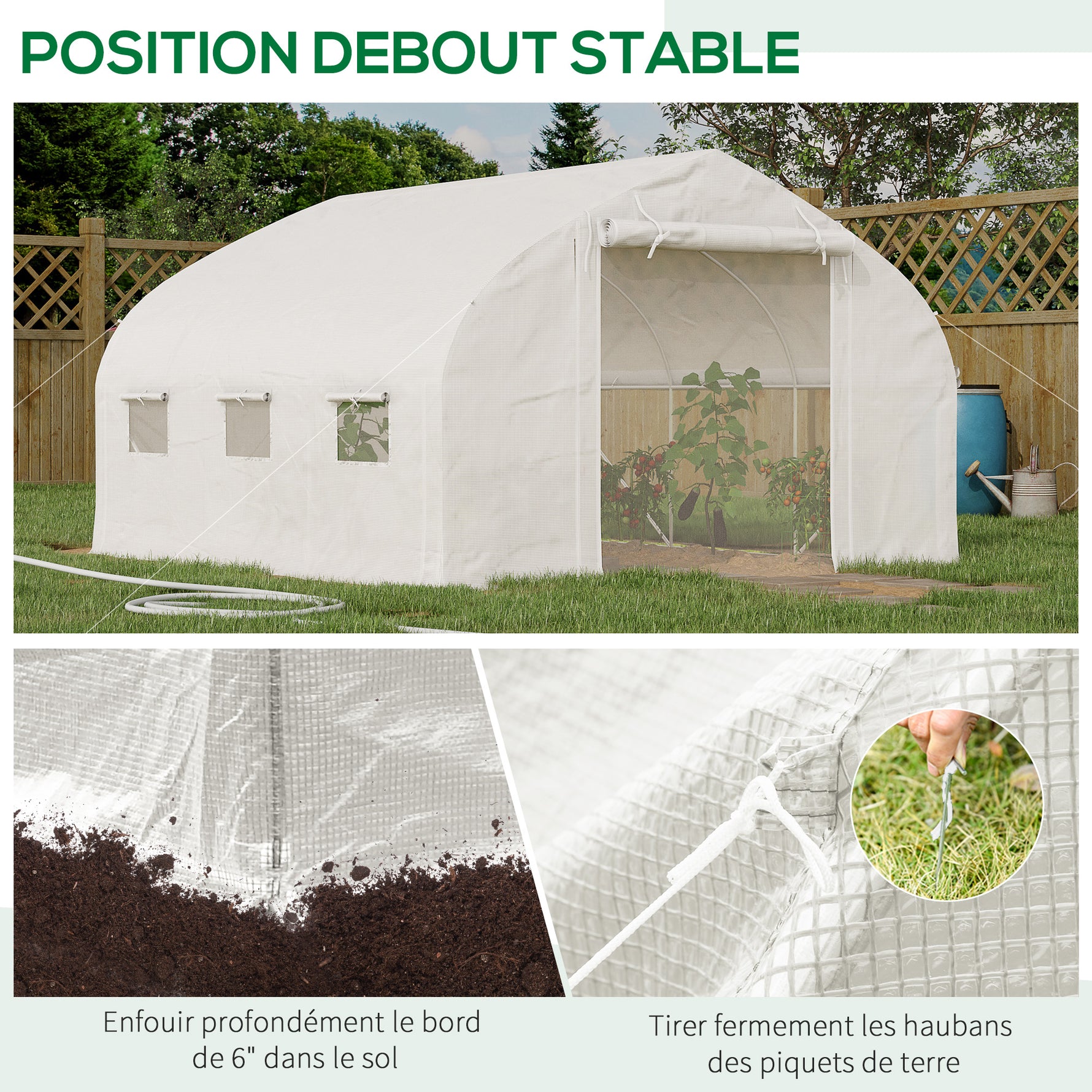 Serre de jardin tunnel 10,4 m² serre de jardin anti-UV porte zippée enroulable fenêtres maille 350 x 300 x 200 cm blanc